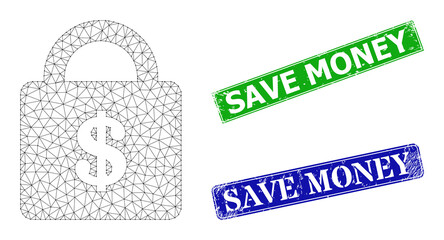 Mesh bank lock image, and Save Money blue and green rectangular scratched seals. Polygonal carcass symbol is based on bank lock pictogram. Stamp seals include Save Money title inside rectangular form.