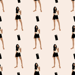 vector seamless pattern with a standing girl taking a selfie