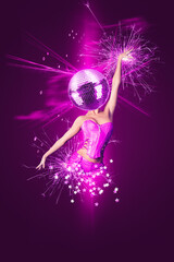 Modern abstract art collage of a woman with disco ball