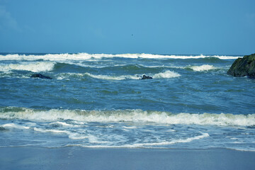 Ocean-Sea Waves, Mountains Rock Stones and Sky Blue Landscape Background