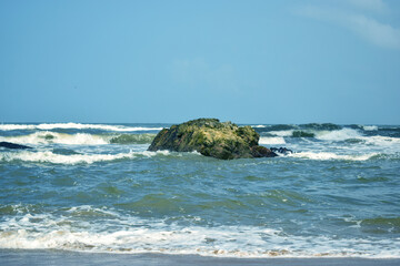 Ocean-Sea Waves, Mountains Rock Stones and Sky Blue Landscape Background