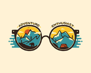 Camping badge illustration design. Outdoor logo with quote - Adventure enthusiast, for t shirt. Included retro mountains, bear and tent. Unusual hipster style patch. Stock isolated
