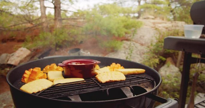 Fresh mango, pineapple slices and a wheel of brie cheese in a ramekin being placed on a barbecue grill
