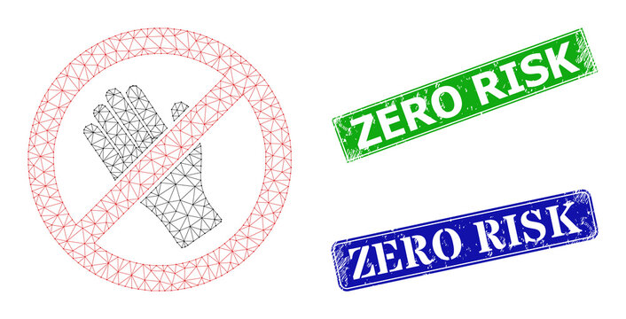 Polygonal do not touch model, and Zero Risk blue and green rectangular dirty stamp seals. Polygonal carcass illustration created from do not touch pictogram.