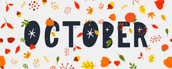 October lettering text sale vector banner with colorful autumn leaves - obrazy, fototapety, plakaty