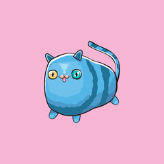 kawaii cute blue cat isolated on pink background. Cartoon happy blue baby kitten with big eyes