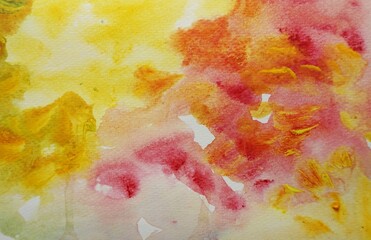 hand painted original impressionism flick the watercolor painting brush green with yellow, red bright colorful