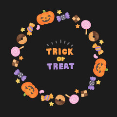 色鉛筆手描き風　ハロウィン　カボチャとお菓子のフレーム