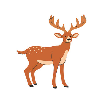 Little spotted deer in the Santa hat and a red bow around his neck. New Year's illustration. Vector isolated.