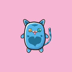 kawaii cute blue cat isolated on pink background. Cartoon happy blue baby kitten with big eyes