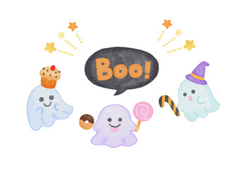 色鉛筆手描き風　ハロウィン　お菓子と3匹のお化けのBOO