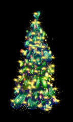 A beautiful Christmas tree with lights on black background
