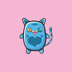 kawaii cute blue cat isolated on pink background. Cartoon happy blue baby kitten with big eyes