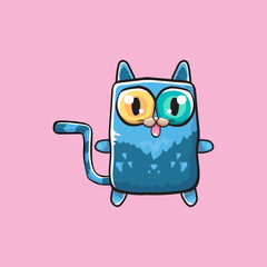 kawaii cute blue cat isolated on pink background. Cartoon happy blue baby kitten with big eyes