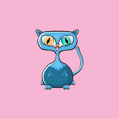 kawaii cute blue cat isolated on pink background. Cartoon happy blue baby kitten with big eyes