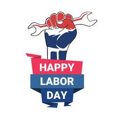 Happy labor day text with hand hold a wrench illustration