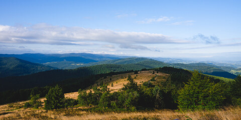 View of the meadow on top of the mountain in Beskid Wyspowy on a sunny summer morning. Partly cloudy sky. Poland. 