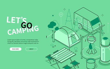 Fototapeta na wymiar Lets go camping - line design style isometric web banner
