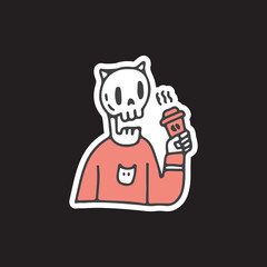Trendy skeleton holding cups a coffee. Vector graphics for t-shirt prints and other uses.