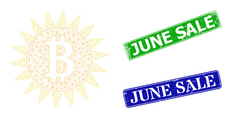 Network bitcoin shine image, and June Sale blue and green rectangle textured seals. Polygonal carcass image is based on bitcoin shine pictogram. Seals contain June Sale title inside rectangle form.