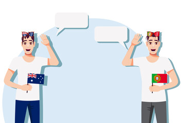 Men with Australian and Portuguese flags. Background for the text. The concept of sports, political, education, travel and business relations between Australia and Portugal. Vector illustration.