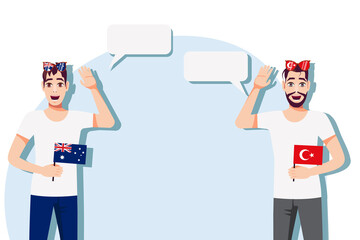 Men with Australian and Turkish flags. The concept of international communication, education, sports, travel, business. Dialogue between Australia and Turkey. Vector illustration.