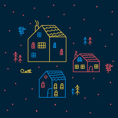 Illustration of winter with colored houses. Linear settlements among pine trees, trees in doodle County. Vector Cute houses in winter for a poster. Vector illustration