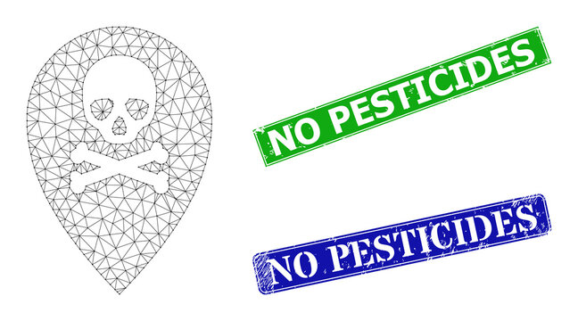 Mesh dead place marker image, and No Pesticides blue and green rectangle textured stamp seals. Polygonal carcass illustration based on dead place marker pictogram.