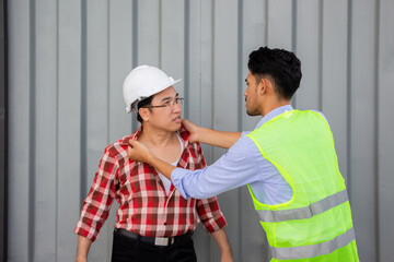 Engineers and workers are fighting at construction site. Workplace conflict, Rivalry and team...