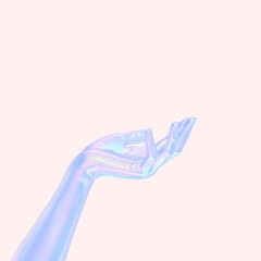 Holographic color gradient hand presenting gesture, 3d rendering abstract mannequin arm