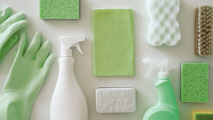 Green and white eco cleaning supplies flat lay - Powered by Adobe