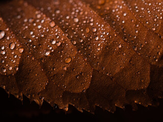 macro of autumn leaf with water drops