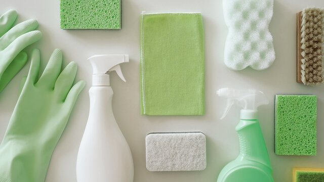 Green and white eco cleaning supplies flat lay