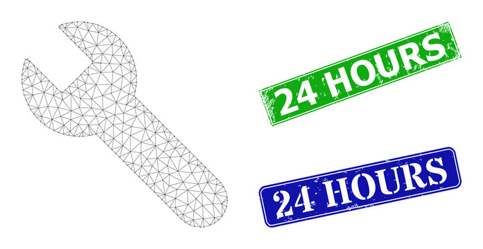 Triangular wrench image, and 24 Hours blue and green rectangle scratched stamp seals. Mesh carcass image is based on wrench pictogram. Stamp seals contain 24 Hours title inside rectangle form.