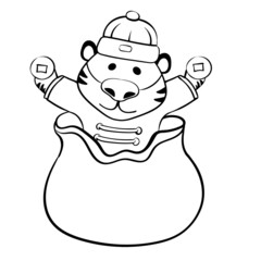 Tiger Jumps Out of the Money Bag, in the Paws of the Golden Yuan Coins Vector Chinese New Year