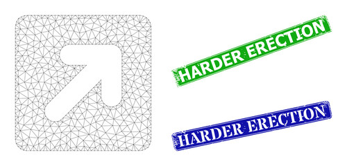 Polygonal right up direction model, and Harder Erection blue and green rectangle textured stamp seals. Polygonal wireframe illustration is created from right up direction icon.