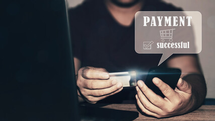 Businessman using Mobile payment online with wallet app technology. man paying and shopping with smartphone application. Digital money transfer, banking and e commerce concept..