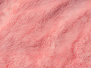 Pink fur texture top view. Coral fluffy fabric coat background. Winter fashion color trends feminine flat lay, female blog rose backdrop for text sign design. Girly abstract wallpaper textile surface
