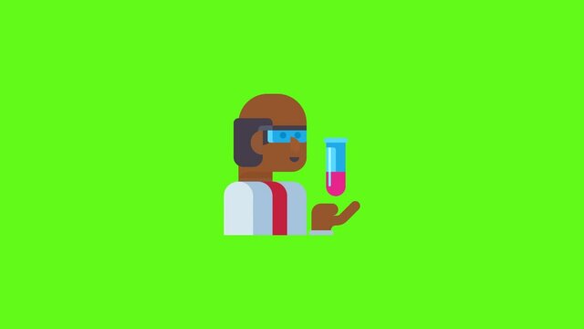 Animacion de un cientifico de piel oscura con la cura para el covid 19 en mano, animacion 2d vectorial. fondo verde