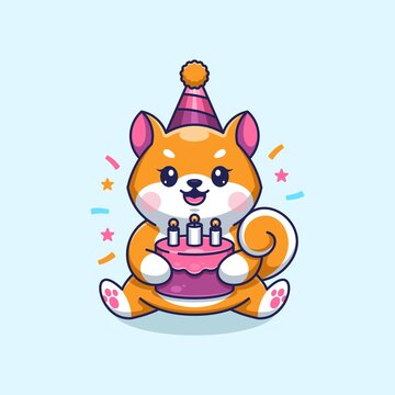 Cute Shiba Inu Dog With Cake Happy Birthday Cartoon