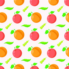 Seamless Pattern Abstract Elements Fruits Food Peach And Apple With Leaves Vector Design Style Background Illustration Texture For Prints Textiles, Clothing, Gift Wrap, Wallpaper, Pastel