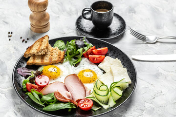 Delicious English Breakfast. Fried eggs with toast and bacon. Healthy breakfast. top view