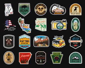 Vintage camp patches logos, mountain badges set. Hand drawn stickers designs bundle. Travel expedition, backpacking labels. Outdoor hiking emblems. Logotypes collection. Stock . - obrazy, fototapety, plakaty