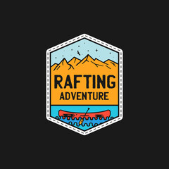 Vintage rafting adventure patch logo, wilderness badge. Hand drawn sticker design. Travel expedition, lake life label. Outdoor wanderlust emblem with canoe. Stock .
