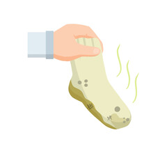 Hands holding dirty sock. Cleaning and laundry. Household chores. Flat cartoon illustration. Smelly clothes