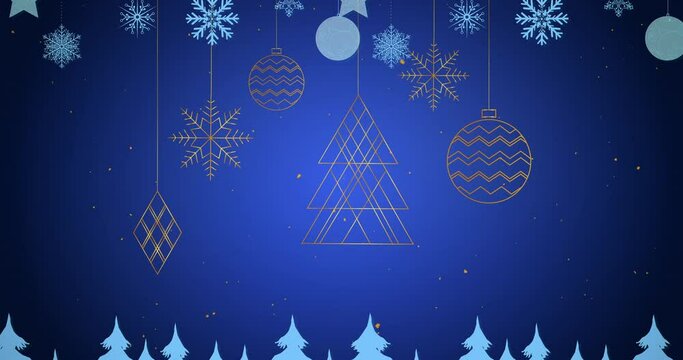 Hanging decorations and christmas tree icons against white particles floating over blue background