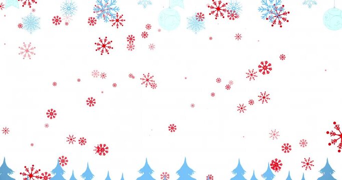 Animation of snowflakes falling over christmas trees