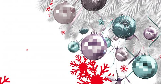 Animation of christmas baubles decorations on christmas tree