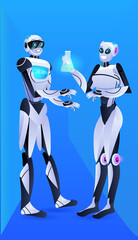 Fototapeta premium robots holding test tube with liquid robotic chemists making experiments in lab genetic engineering artificial intelligence