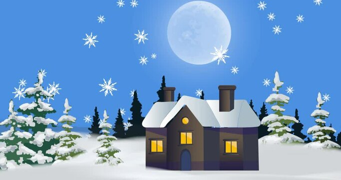 Snowflakes falling over multiple trees and house icon on winter landscape against blue background
